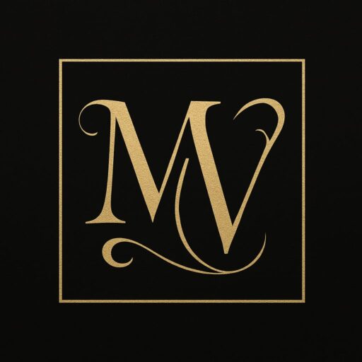 Logo de MV. Ecré en doré sur fond noire
